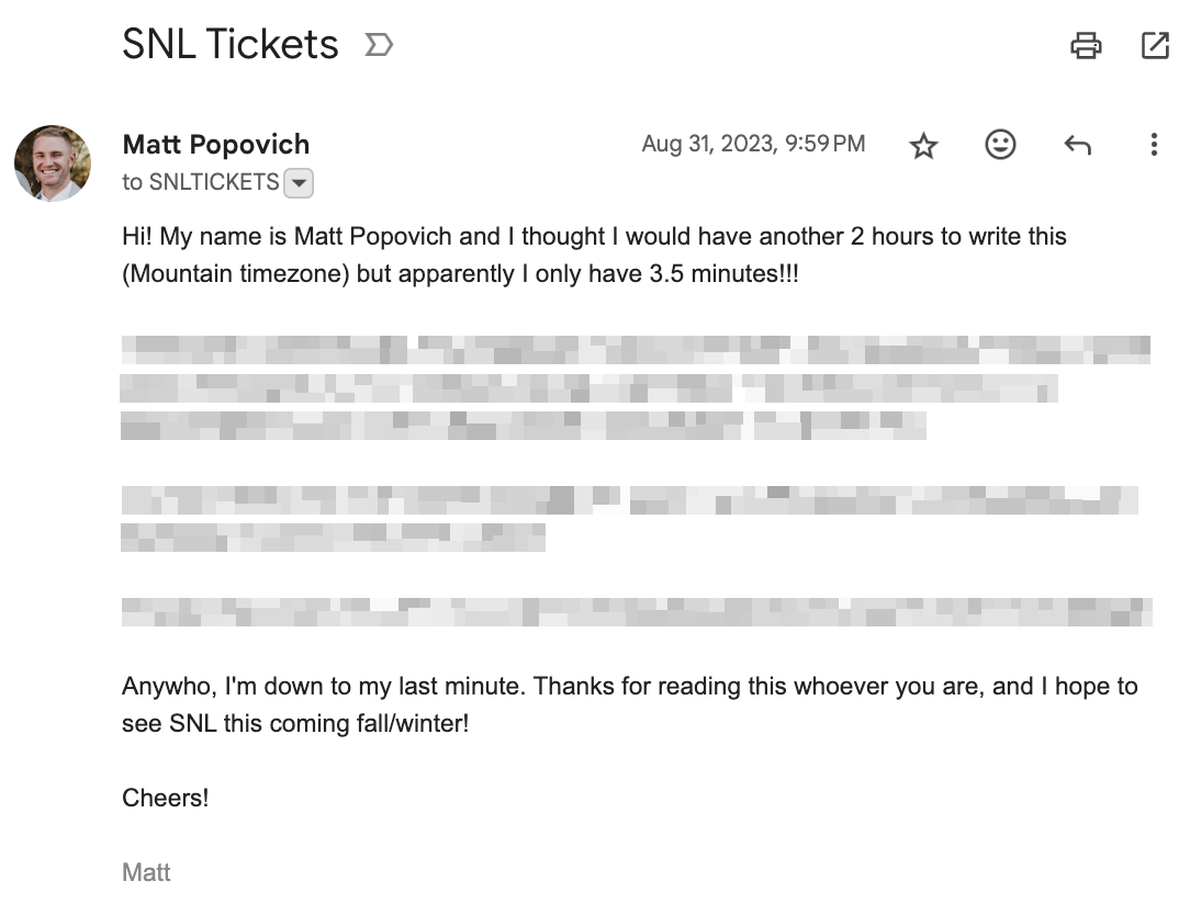 My application to the SNL ticket lottery
