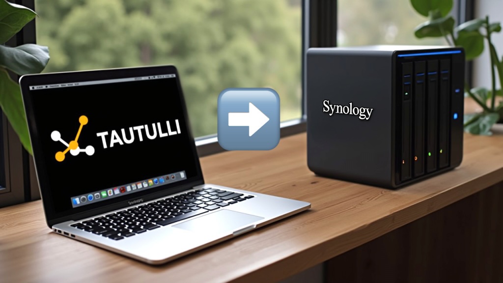 Image is AI-assisted. The Synology NAS is an AI creation and not a real model for sale.